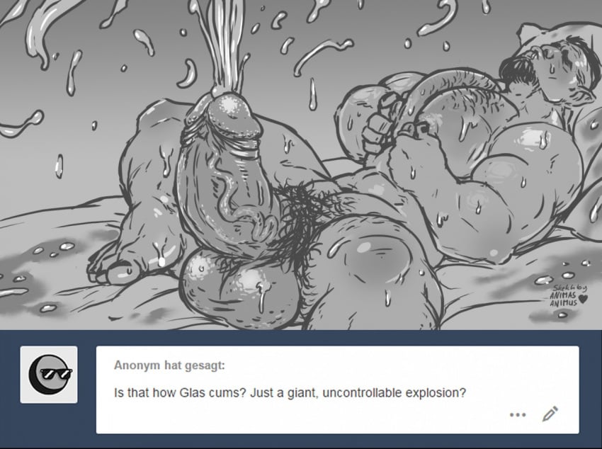 animasanimus balls bara big_balls big_penis boner closed_eyes cum erection facial_hair glas male male_only monochrome muscles muscular nude orc orgasm penis solo solo_male