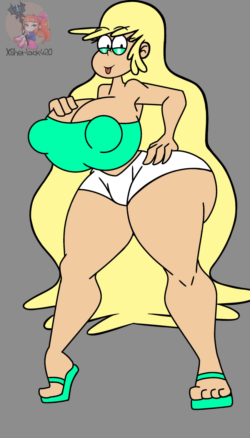 1girls 2d big_ass big_breasts big_butt grey_background leni_loud long_hair looking_at_viewer nipple_bulge the_loud_house thick_thighs watermark xsherlock420_(artist)