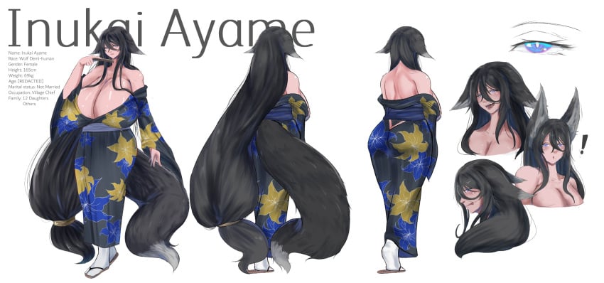 ayame_inukai_(fbkp) big_breasts black_hair blue_eyes character_sheet fbkp female japanese_clothes kemonomimi kimono kitsune original original_character very_long_hair white_background wolf_ears wolf_girl wolf_tail