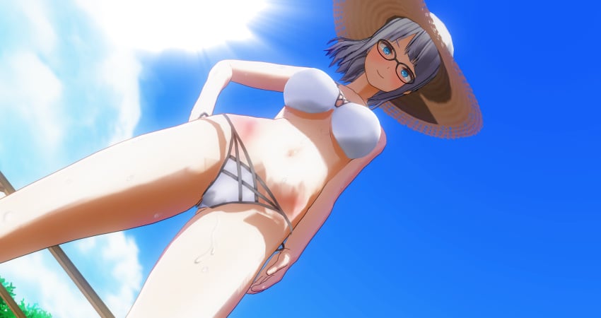 1girls 3d big_breasts bikini blue_eyes busty cleavage confident dagashi_kashi female female_only glasses hand_on_hip hi_res large_breasts legs looking_at_viewer navel pose posing purple_hair shidare_hotaru smile solo sweat swimsuit thighs