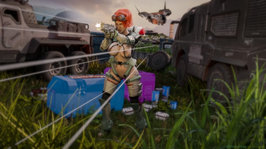 accidental_exposure action_pose aiming angry angry_face apex_legends blurry_background detailed_background electrotoyy gun horizon_(apex_legends) loading_screen lootbox public shooting unaware