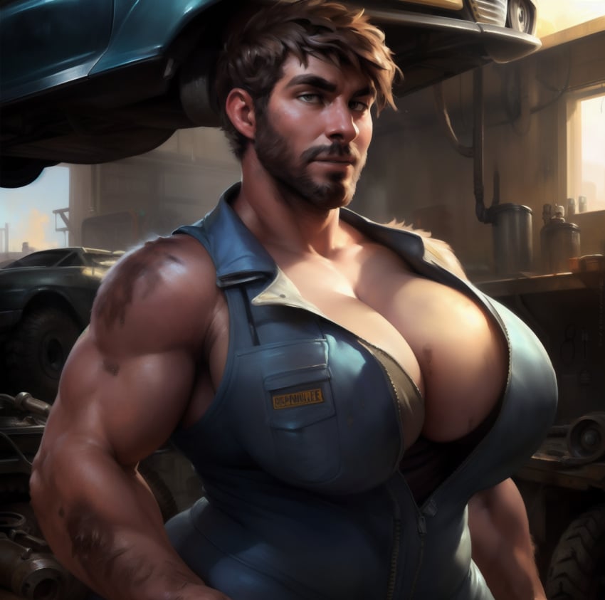 ai ai_generated big_breasts busty busty_boy cleavage curvy curvy_body curvy_male huge_breasts jackvinsanity male male_breasts male_cleavage male_only male_with_breasts overalls