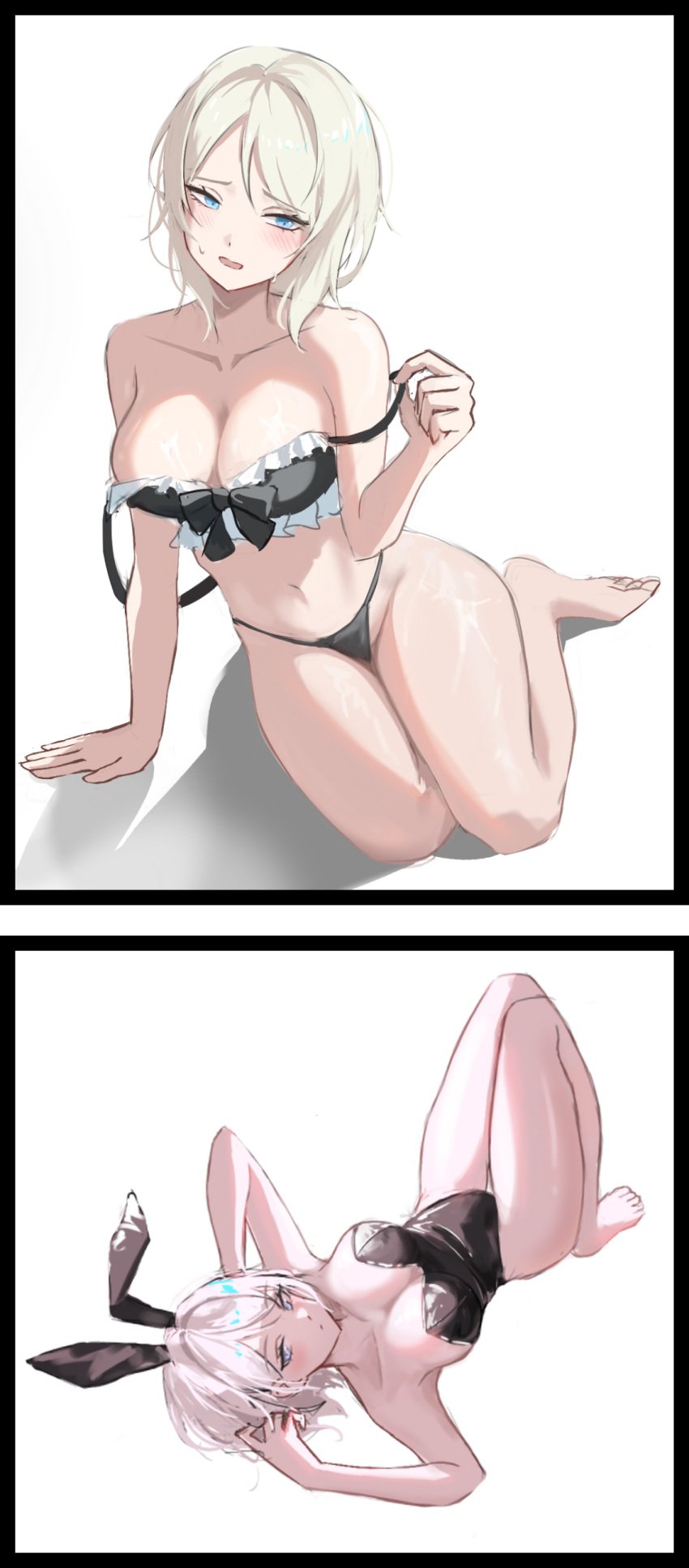 1girls big_breasts blue_eyes blush bra bunny_ears bunnysuit corset edited eonyan faust_(limbus_company) hand_on_head laying_down limbus_company looking_at_viewer medium_hair project_moon revealing_clothes sweatdrop thighs underwear white_hair