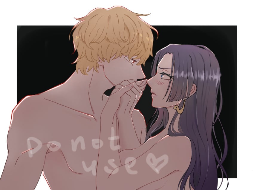 1boy 1girls black_hair blonde_hair blue_eyes blush boa_hancock breasts crack_pairing donquixote_rosinante earrings female holding_hands jewelry kissing_hand lips long_hair looking_at_another male medium_breasts nude one_piece review_jujur short_hair snake_earrings straight