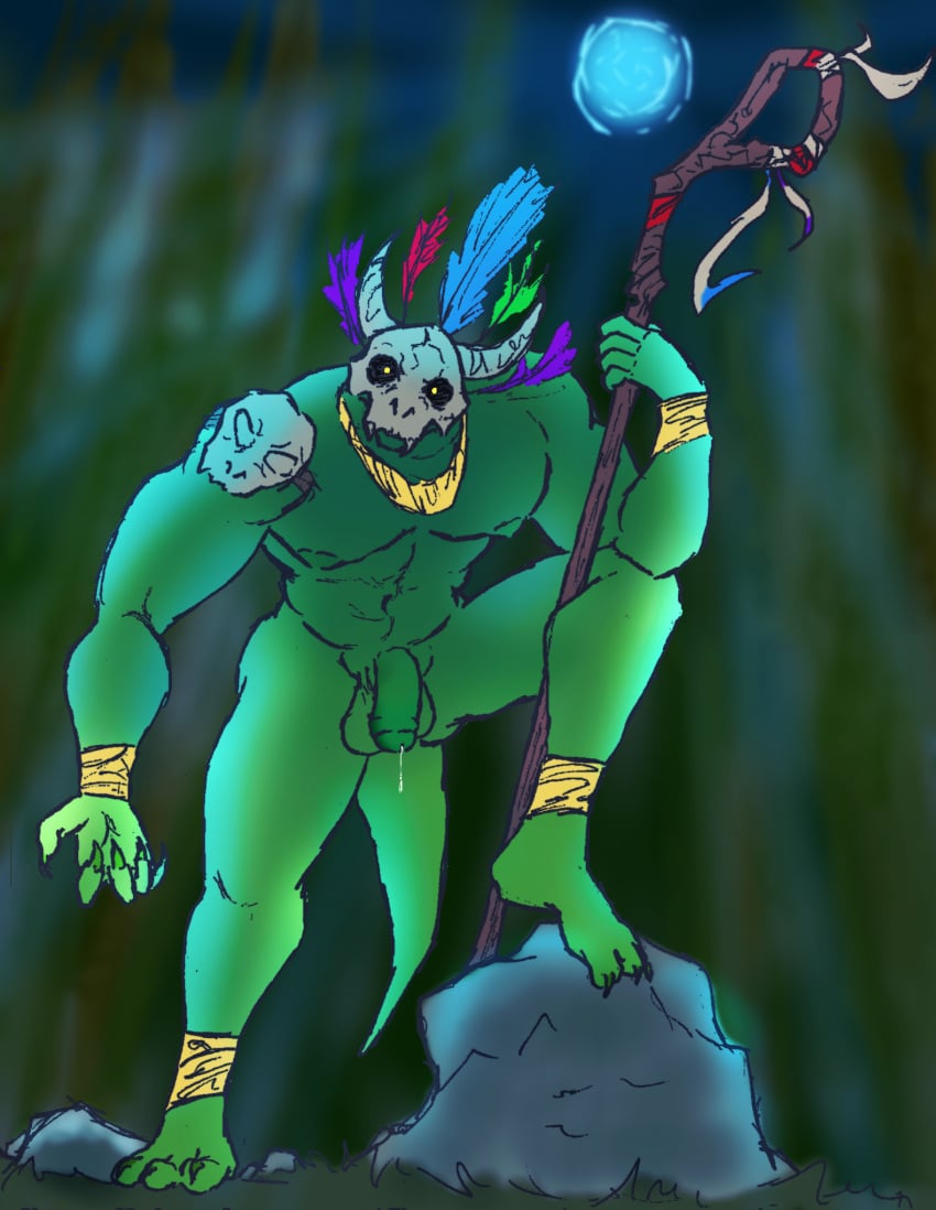 anthro bodily_fluids cum cum_drip dripping flaccid flaccid_cock flaccid_penis forest gaygoat genital_fluids hi_res male male_only mask nude pecs plant precum scalie skull_mask solo staff terraria tree witch_doctor_(terraria)