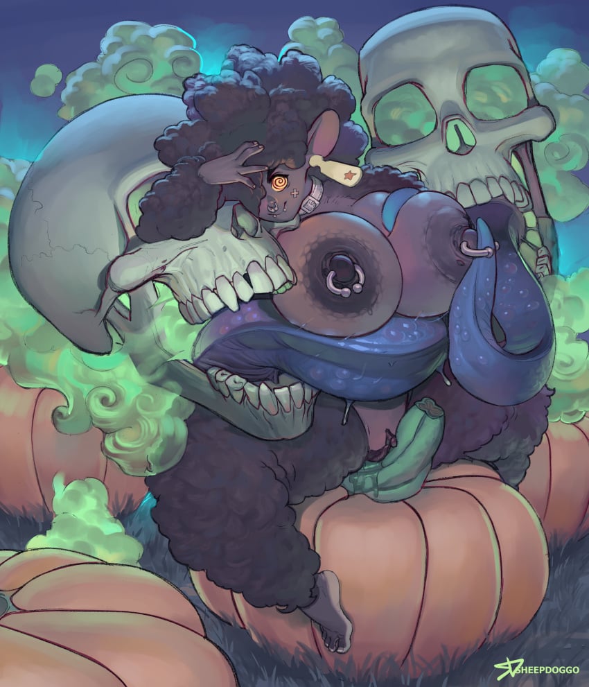 anthro big_breasts female furry ghost grinding halloween long_hair nipple_piercing nude pierced_nipples pumpkin sheepuppy sitting sitting_on_pumpkin skull