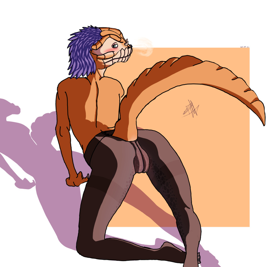 absurd_res anthro argonian ass bethesda_softworks blue_eyes blue_hair clothing desert feather_hair feathers female foxmelra genitals hair hajjeke heat_(temperature) hi_res legwear orange_body orange_scales pantyhose pit_organ pseudo_hair pussy scales scalie solo spread_legs spreading the_elder_scrolls the_elder_scrolls_online translucent translucent_clothing