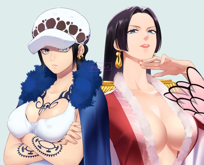 2girls arm_tattoo artist_name big_breast black_hair blue_eyes boa_hancock breast_tattoo breasts canon_genderswap cape cleavage closed_mouth color covered_nipples crop_top crossed_arms earrings epaulettes eyelashes female female_focus female_only front_view frown fur_cape fur_hat genderswap_(mtf) grey_background grey_eyes hand_on_own_chin hand_tattoo hat highres jewelry large_breasts lips long_hair long_sleeves looking_at_viewer multiple_girls naked one_piece parted_lips pink_lips pink_nails plain_background rule_63 shinto_s short_hair shounen_jump simple_background snake_earrings tank_top tattoo teeth trafalgar_law trafalgar_law_(female) twitter twitter_username upper_body white_cape white_tank_top