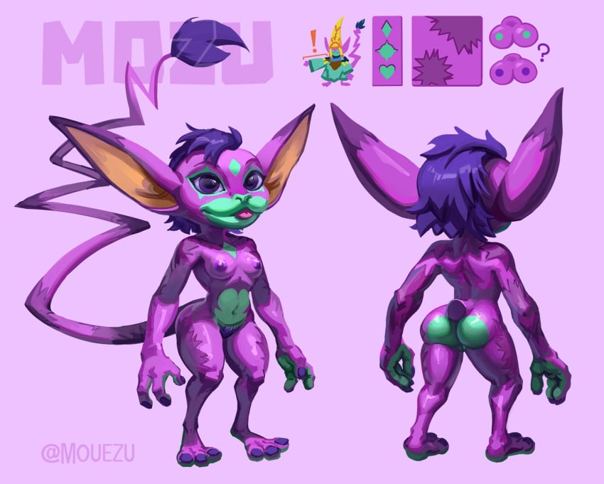 ass barefoot feet female gigantic goblin hair hi_res humanoid long_ears long_tail model_sheet motiga mouezu mozu_(gigantic) nipples nude purple_body purple_hair simple_background solo tail thick_thighs tongue tongue_out