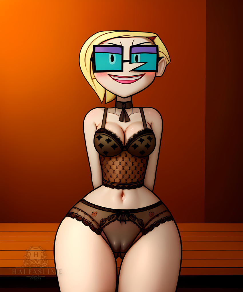 ai_generated blonde_hair breasts cameltoe candide_sampson cleavage clone_high female glasses glistening_skin halfaslime hands_behind_back lingerie navel smile solo square_glasses thigh_gap wide_hips