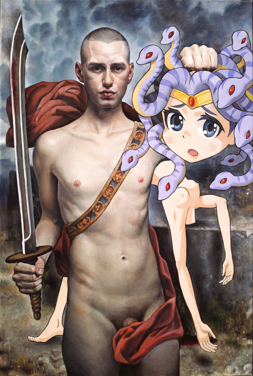 absurd_res blood bodily_fluids breasts casual_nudity decapitation detailed_background disembodied_head duo eminem european_mythology female genitals gorgon greek_mythology hi_res holding_object holding_sword holding_weapon huh? human humanoid male mammal medusa melee_weapon mythology naruki_kukita not_furry penis realistic reptile scalie snake sword toony weapon