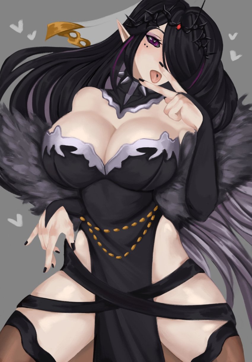 1girls big_breasts black_hair black_nails breasts cleavage clothing elara_(vtuber) goth goth_girl gothic grey_background hair_over_one_eye heart heart-shaped_pupils huge_breasts indie_virtual_youtuber long_hair looking_at_viewer purple_eyes tongue tongue_out virtual_youtuber vtuber