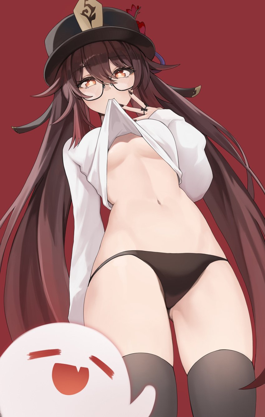 ass_visible_through_thighs black_headwear black_nails black_panties boo_tao_(genshin_impact) breasts brown_hair brown_thighhighs clothes_writing cowboy_shot female flower-shaped_pupils from_below genshin_impact ghost gya_(144) hand_up hat highres hu_tao_(genshin_impact) long_hair long_sleeves looking_at_viewer nail_polish no_pants panties pantyshot porkpie_hat red_background red_eyes shirt shirt_in_mouth shirt_lift simple_background skindentation small_breasts smile solo solo_female standing symbol-shaped_pupils thighhighs thighs twintails underwear very_long_hair white_shirt