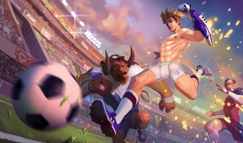 alistar anthro ball ezreal field googles grass grass_field human kicking league_of_legends lee_sin light_particles male male_focus male_only mammal minotaur motion_blur nipple_piercing public_nudity running scissor_w_gwen soccer soccer_ball soccer_cup_series soccer_field soccer_uniform striker_ezreal sweat sweeper_alistar