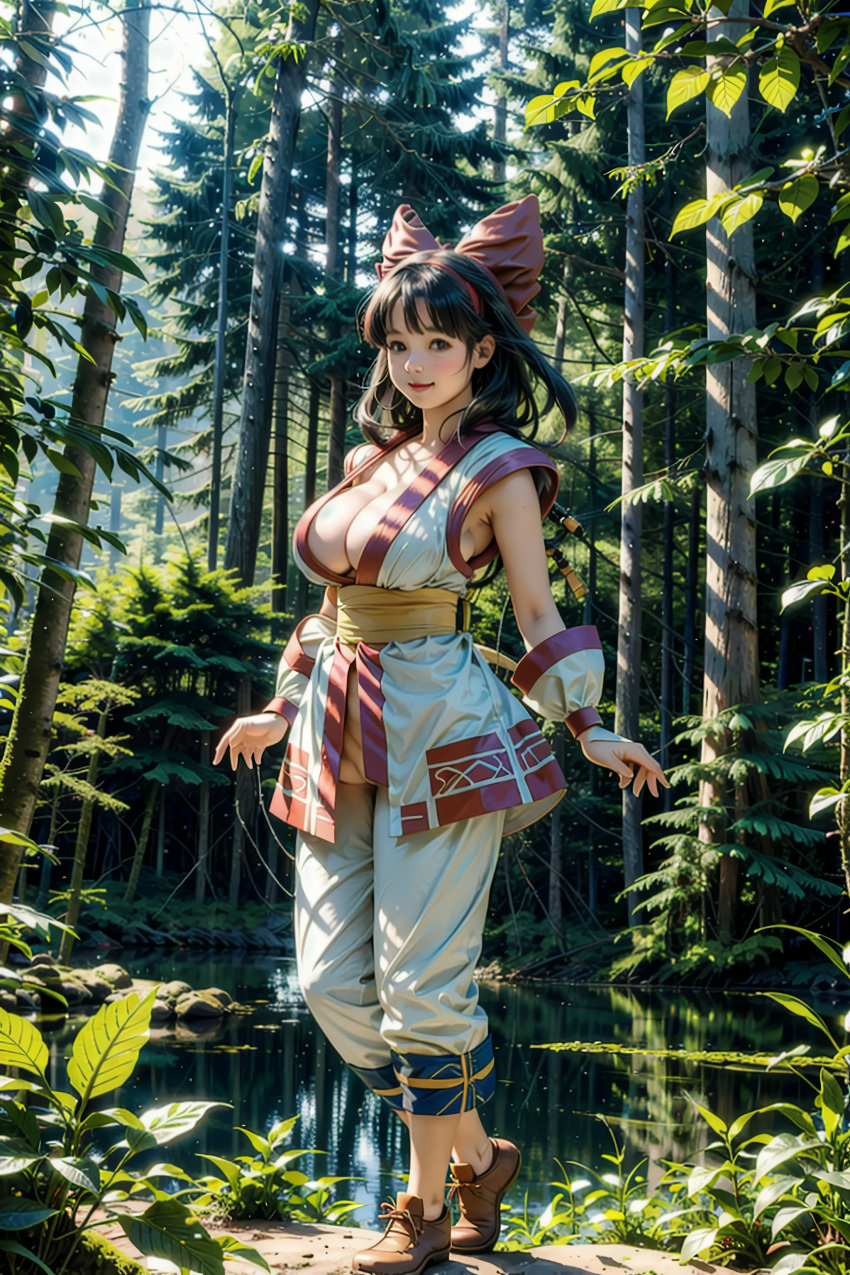 1girls ai_generated ainu_clothes big_breasts black_hair busty cleavage female female_only fingerless_gloves hair_ribbon hi_res king_of_fighters large_breasts legs long_hair looking_at_viewer nakoruru nature no_bra pants realistic red_lipstick samurai_shodown smile snk solo thighs voluptuous