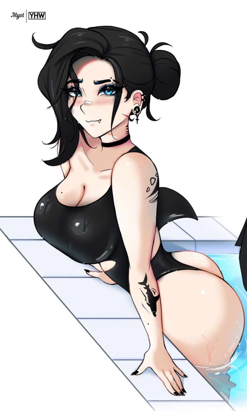 ass big_breasts black_hair black_nails blue_eyes close-up goth goth_girl myst mysty_(mystyhw) nails nails_painted nipples oc original original_character original_characters pants pink_nipples pool shark shark_girl shark_teeth swimsuit tattoo water wet wet_body wet_clothes yhw