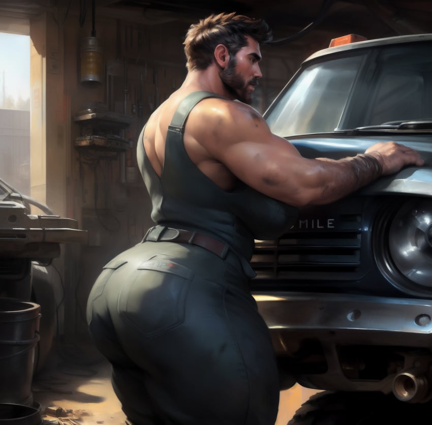 ai ai_generated ass beard big_ass big_breasts big_butt busty busty_boy butt jackvinsanity male male_only male_with_breasts mechanic muscular muscular_male overalls short_hair