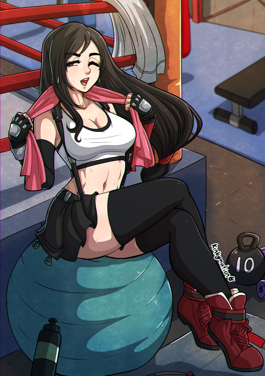 1girls black_hair boxing_ring brown_eyes cleavage clothed clothed_female female final_fantasy final_fantasy_vii final_fantasy_vii_remake fingerless_elbow_gloves gym heart-shaped_pupils human kinkymation large_breasts long_hair one_eye_closed open_mouth short_skirt sweat thighhighs tifa_lockhart water_bottle workout yoga_ball