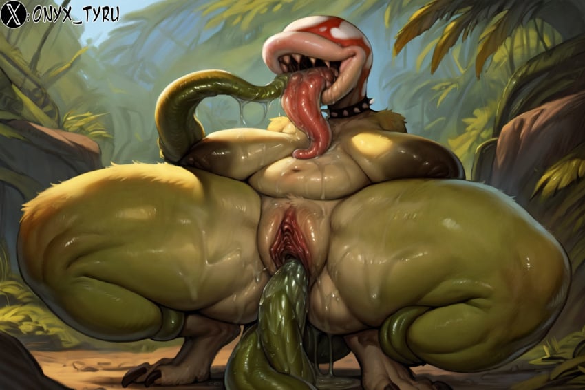 1girls ai_generated areola areolae choker chubby excessive_genital_fluids excessive_saliva female female_only green_body large_breasts long_tongue mario_(series) onyx_tyru piranha_plant plant_humanoid plant_monster pussy pussy_focus pussy_juice pussy_juice_drip sagging_breasts saliva saliva_string saliva_trail sharp_teeth squatting stable_diffusion tentacle tentacle_sex thick thick_thighs tongue tongue_out vaginal_penetration