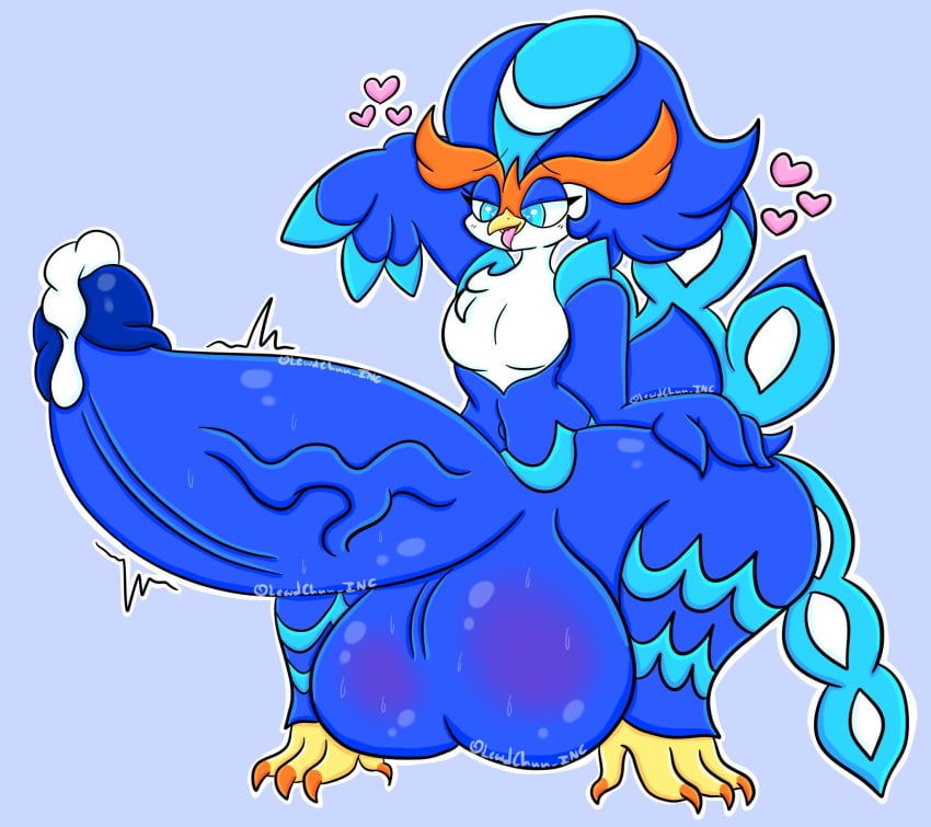 anthro balls beak big_balls big_penis blue_body blue_eyes blue_hair bodily_fluids cum cum_on_penis generation_9_pokemon genital_fluids genitals hair hi_res huge_balls huge_cock lewdchuu_(artist) male nintendo penis pokemon pokemon_(species) quaquaval solo vein veiny_penis