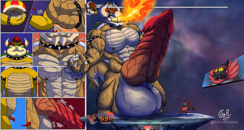 69_(number) abs absurd_res anthro arm_growth artist_name balls big_balls big_muscles big_pecs big_penis body_size_growth boss_battle bowser bracelet cel_shading claws clothing collar colored comic cosmic_background detailed_background digital_drawing_(artwork) digital_media_(artwork) duo english_text erection expansion felid feline fingers fire fungus fur gameplay_mechanics generation_7_pokemon genital_growth genitals giga_bowser giga_mushroom growth growth_lines growth_sequence gui hair health_bar hi_res horn huge_balls huge_cock hyper hyper_balls hyper_genitalia hyper_penis incineroar interface jewelry knot koopa limb_growth macro male male_only mammal mario_(series) muscle_growth muscular muscular_anthro muscular_growth muscular_male mushroom neck_growth nintendo nipples nude onomatopoeia open_mouth outside pecs penis penis_growth pokemon pokemon_(species) red_body red_fur red_hair scalie shaded shell signature simple_background size_difference size_transformation smile sound_effects space spiked_collar spikes super_mario_bros. super_smash_bros. surprised_expression tail teeth text thorns throbbing tiotiored torn_clothing transformation transformation_sequence vein veiny_abs veiny_arms veiny_balls veiny_knot veiny_legs veiny_muscles veiny_penis video_game_reference widescreen yellow_body