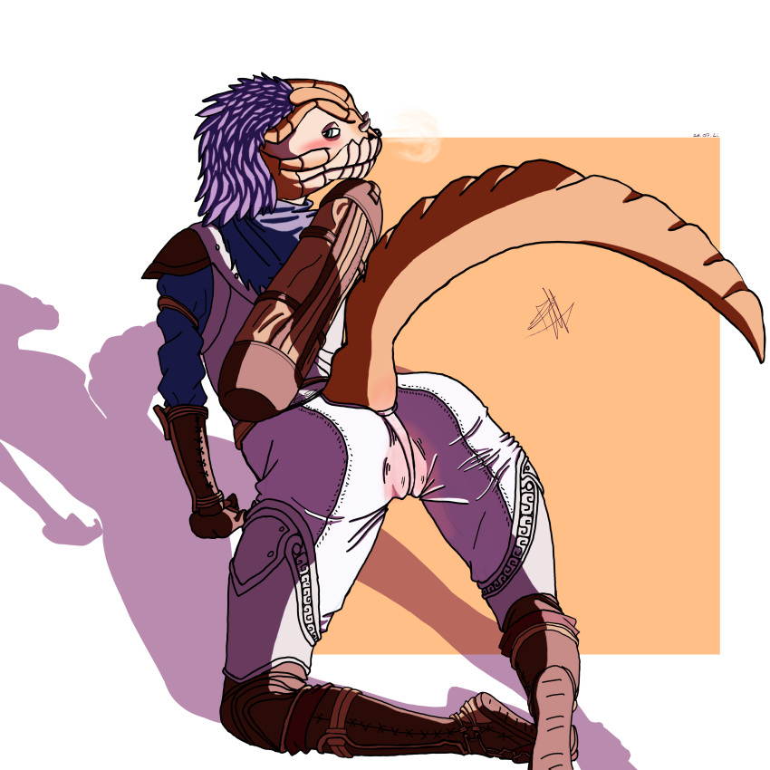 absurd_res anthro argonian ass bethesda_softworks bottomwear clothed clothing female foxmelra hajjeke heat_(temperature) hi_res no_underwear orange_body orange_scales pants pit_organ scales scalie solo tail the_elder_scrolls the_elder_scrolls_online tight_bottomwear tight_clothing tight_pants translucent translucent_clothing