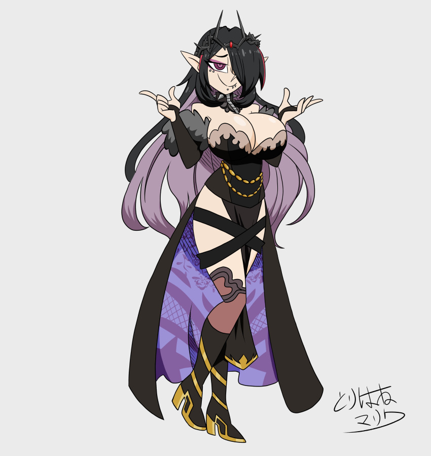 1girls big_breasts black_hair breasts cleavage elara_(vtuber) elf elf_ears elf_female full_body goth goth_girl gothic hair hair_over_one_eye helltaker_(style) huge_breasts indie_virtual_youtuber long_hair piercing piercings purple_eyes signature simple_background smile virtual_youtuber vtuber watermark