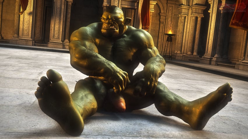 5_toes barefoot darkviper199027 flexing human_feet humanoid male male_only muscles orc orc_male penis plantigrade sitting soles solo solo_male thick_penis toes