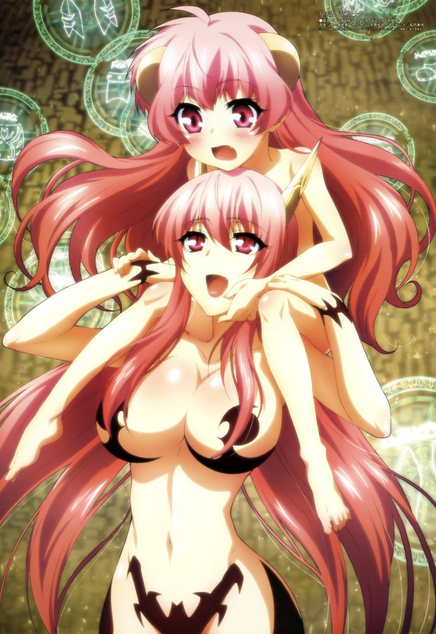 2girls big_breasts breasts dragonar_academy eco_(seikoku_no_dragonar) exposed_breasts huge_breasts long_hair navi_(seikoku_no_dragonar) pink_hair red_eyes screencap seikoku_no_dragonar