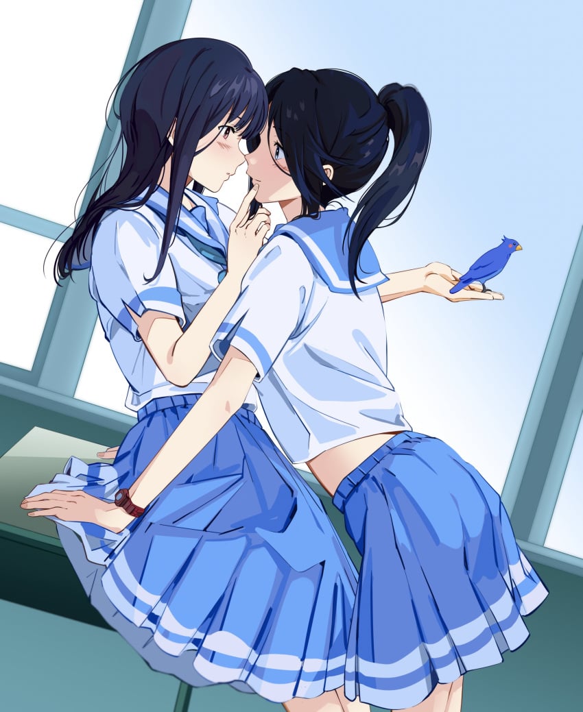 2girls animal bird bird_on_hand black_hair blue_sailor_collar blush cowboy_shot face-to-face face_to_face female female_only finger_to_another's_mouth from_side hibike!_euphonium kasaki_nozomi kitauji_high_school_uniform leaning_forward leaning_on_person liz_to_aoi_tori long_hair midriff_peek multiple_girls noses_touching on_table parted_lips pleated_skirt ponytail sailor_collar school_uniform serafuku short_sleeves skirt support table uneasywolf watch wristwatch yoroizuka_mizore yuri