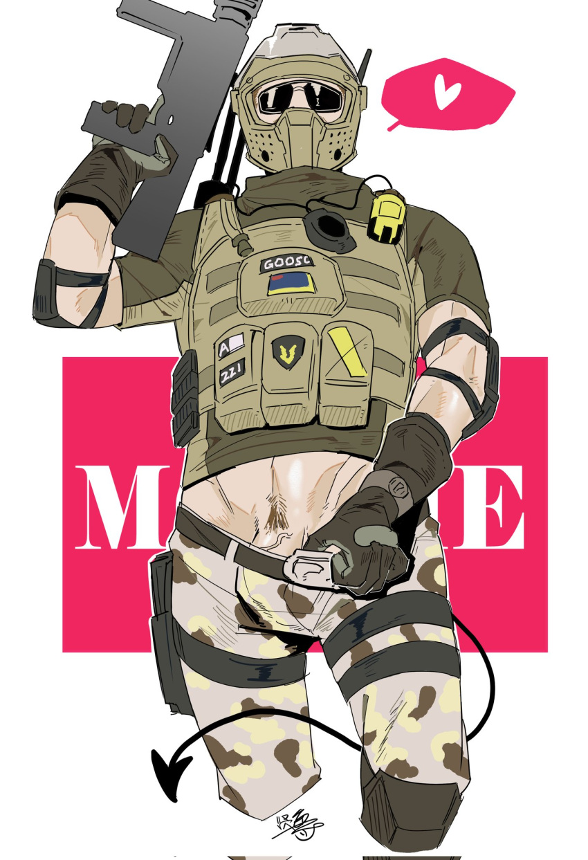 1boy adonis_belt bulge bulge_through_clothing clx147258 gun heart helmet male_only masculine motorcycle_helmet mozzie_(rainbow_six) no_visible_face penis_peek penis_vein posing_with_weapon pubic_hair pulling_clothing pulling_down_pants rainbow_six_siege solo solo_male sunglasses uniform