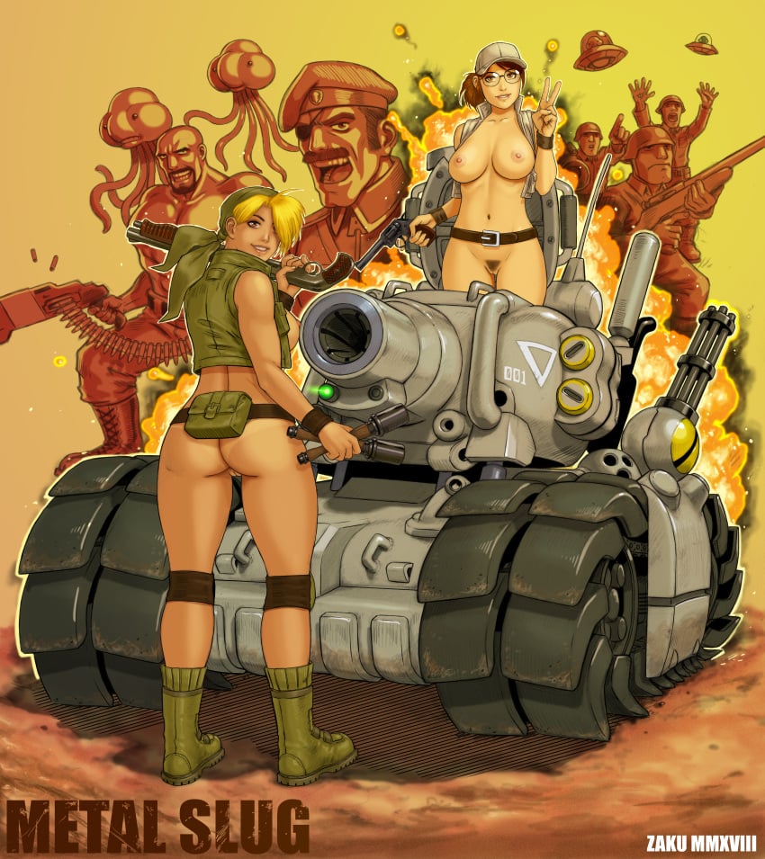 2girls ass belt casual eyewear female firearm footwear handgun headwear human large_breasts legwear looking_at_viewer metal_slug multiple_girls nude outerwear pale_skin pose poster revolver shotgun standing tactical_nudity tank weapon wristwear zakuman