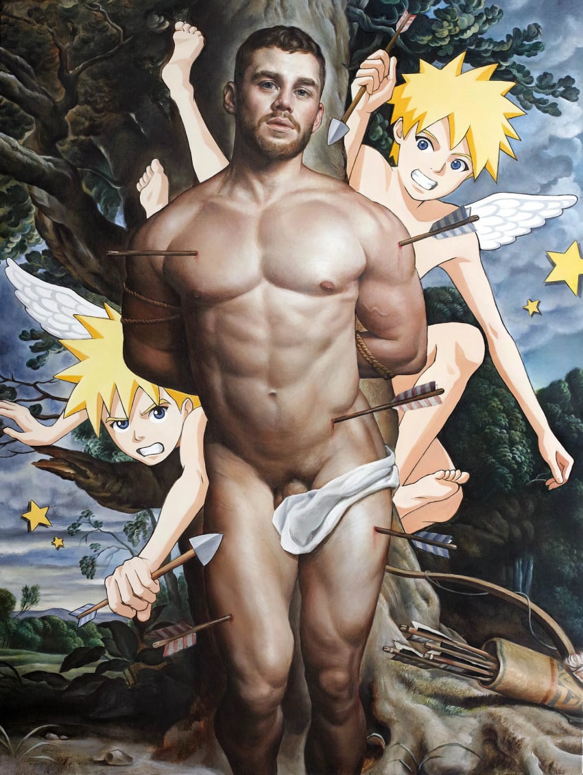 absurd_res angel arrow_(weapon) balls blood bodily_fluids bow_(weapon) casual_nudity detailed_background feathered_wings feathers feet genitals group hi_res human humanoid male mammal naruki_kukita navel nude outside penis plant ranged_weapon stab star tree trio weapon winged_humanoid wings wounded