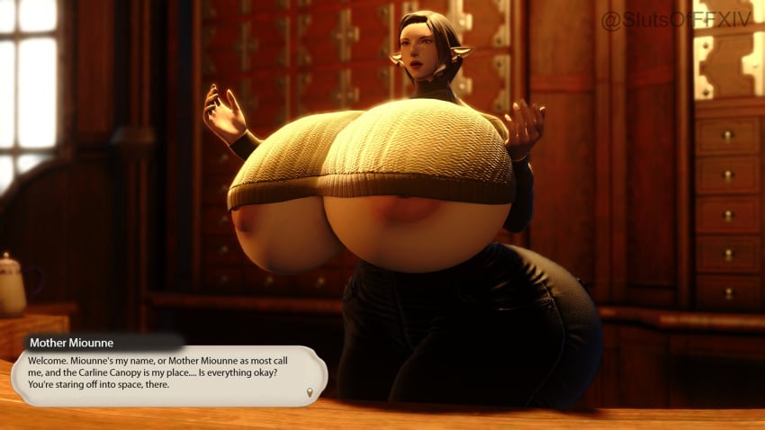 1girls 3d 3d_(artwork) dialogue duskwight elf elf_ears final_fantasy final_fantasy_xiv gigantic_ass gigantic_breasts huge_ass huge_breasts hyper hyper_ass hyper_breasts hyper_hourglass mother_miounne nipples slutsofffxiv square_enix tight_clothing underboob voluptuous wide_hips