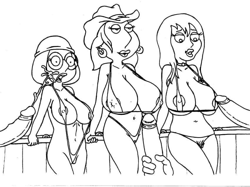 alternate_breast_size bikini breasts cowboy_hat cum cum_on_face family_guy female human jillian_russell-wilcox large_breasts lois_griffin male meg_griffin monochrome penis sbb straight unseen_male_face