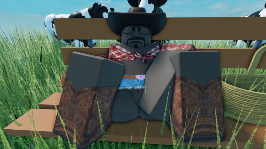 1boy 3d beard cowboy_hat cows daviiblue grass_field legs_apart looking_at_viewer masturbating nervous_expression opening_pussy roblox roblox_avatar robloxian self_upload sitting_down tagme