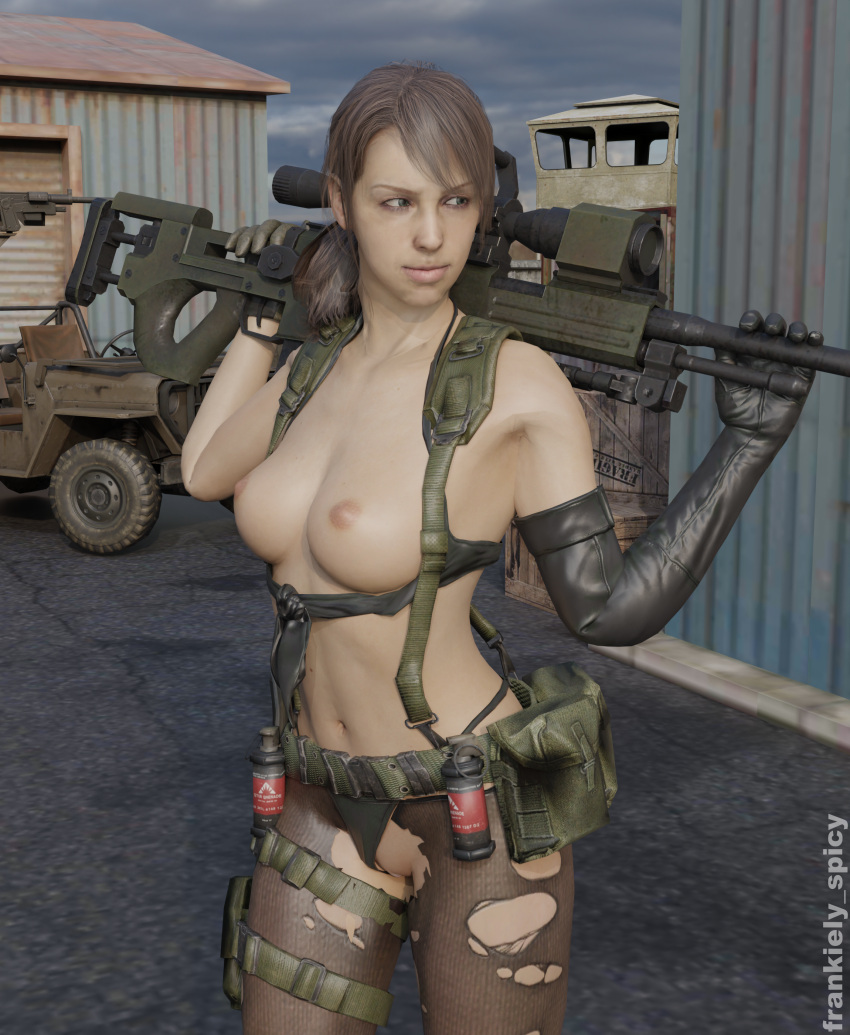 1girls 3d angry angry_expression athletic athletic_female bandolier bangs belly belly_button bikini bikini_aside bikini_bottom bikini_lift bikini_pull bikini_top blender breasts breasts_out brown_hair celebrity female female_focus female_only fit fit_female frankiely_spicy green_eyes gun leather leather_clothing leather_gloves metal_gear_solid metal_gear_solid_v naked naked_female navel nipples nude nude_female outdoor outdoors outside panties pinup pinup_pose ponytail pussy quiet_(metal_gear) sniper sniper_rifle solo solo_female solo_focus stefanie_joosten tactical_nudity vagina warehouse