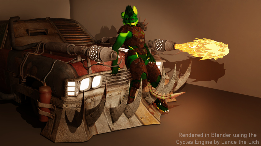 3d_(artwork) ambiguous_gender andromorph anthro armor bethesda_softworks bone_tail canid canine canis car cuntboy digital_media_(artwork) fallout female fire flamethrower fur green_body green_fur gun hi_res intersex lance_the_lich lich male mammal photo_shoot pinup pose pubes raider_(fallout) ranged_weapon solo undead vehicle weapon wolf