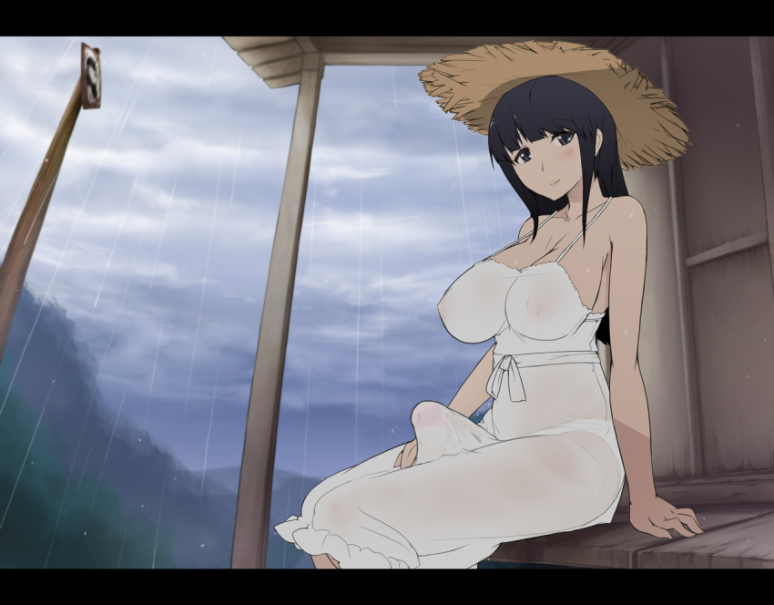 1futa abubu black_hair blush breasts bulge cleavage dress erection_under_clothes futa_only futanari hair hat intersex large_breasts long_hair looking_at_viewer nipple_bulge no_bra penis_under_clothes rain raining see-through sitting solo straw_hat sundress takarasagashi_no_natsuyasumi wet wet_clothes wet_dress white_dress