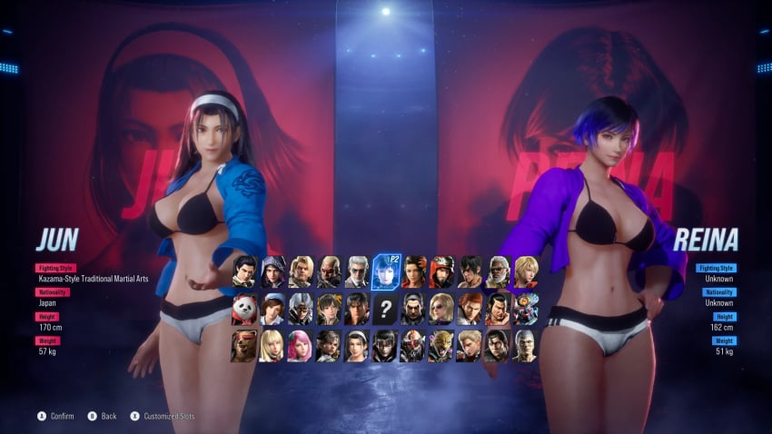 16:9 2girls 3d big_breasts breasts capcom cleavage cosplay costume female female_only jun_kazama kazama_jun large_breasts mod multiple_girls reina_mishima tekken tekken_8 underwear