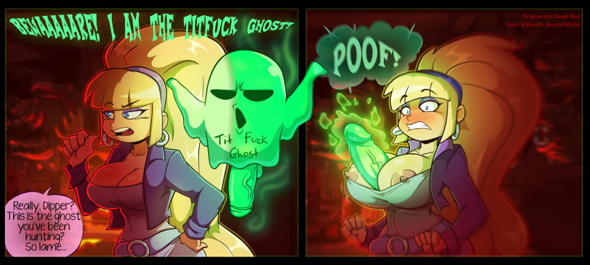 blonde_hair blue_eyes breasts clothing color colored_sketch dick disney earrings gewd-boi ghost gravity_falls jhostin38654 makeup nipples pacifica_northwest paizuri penis scared surprised teeth_showing titfuck titjob