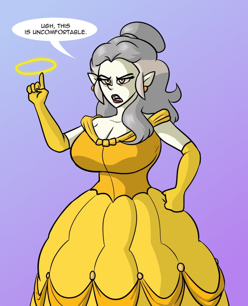 beauty_and_the_beast beauty_and_the_beast_(1991_film) belle belle_(beauty_and_the_beast) big_ass big_breasts clothes clothing commission commission_art commissioner_upload cute_fang disney disney_princess dress earring earrings eda_clawthorne golden_eyes gray_hair grey_hair long_hair long_nails magic magic_user mature mature_female max1mus milf pointy_ears poof poof_effect pose princess princess_dress queen speech_bubble text text_bubble the_owl_house tied_hair uncomfortable white_skin witch yellow_dress