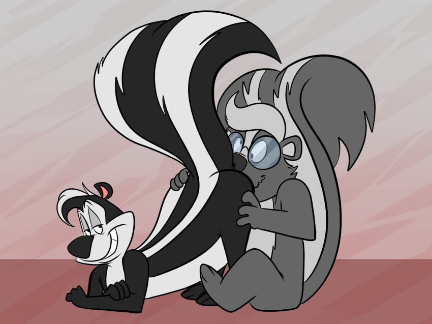 anthro ass ass_up black_body black_fur butt_sniffing crossed_arms duo eyewear fluffy fluffy_tail fur glasses grey_body grey_fur hi_res holding_butt joesanchez looking_pleasured looney_tunes male male/male mammal mephitid nude pepe_le_pew raised_tail skunk skunk_tail smile smirk sniffing tail warner_brothers white_body white_fur