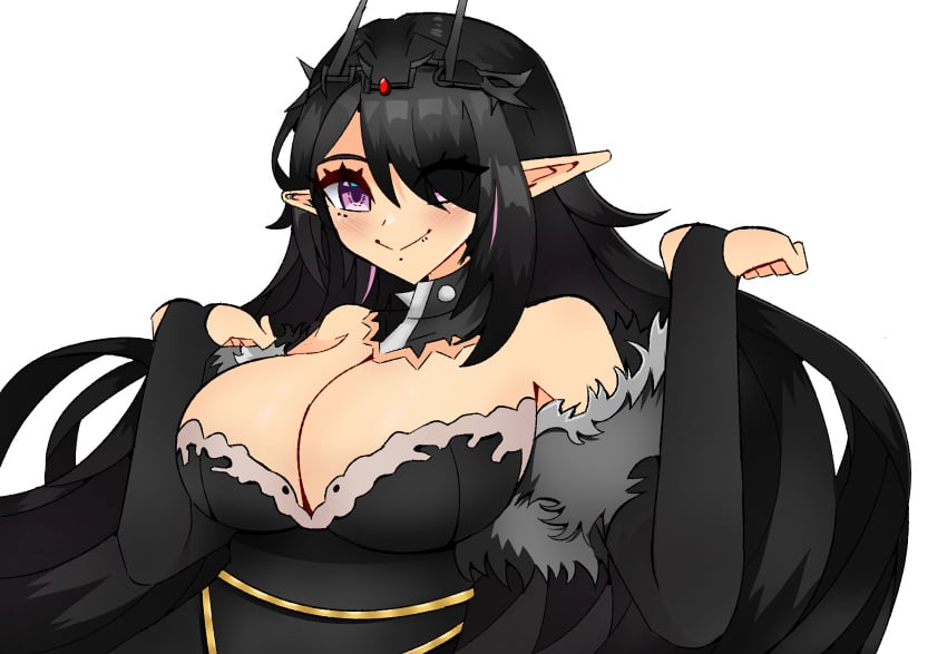 1girls big_breasts black_hair breasts cleavage clothed_female clothing elara_(vtuber) elf elf_ears indie_virtual_youtuber purple_eyes virtual_youtuber vtuber white_background