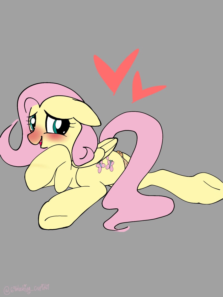 animal_genitalia anus blush cum fluttershy_(mlp) heart hooves looking_at_viewer looking_back my_little_pony pegasus_pony pink_hair pony pussy slight_cum tail_censor vagina