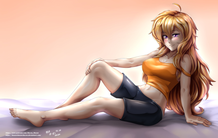 1girls barefoot blonde_female blonde_hair breasts feet hocen long_hair long_hair_female purple_eyes rwby short_shorts smile solo solo_female tank_top yang_xiao_long