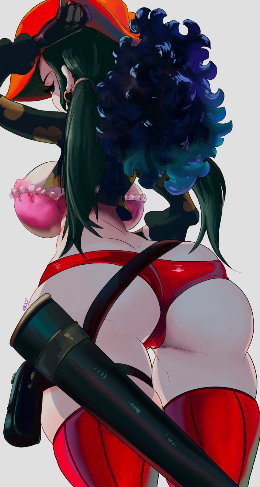 2020 ass black_hair blue_eyes bra breasts bursting_breasts female female_focus female_only looking_at_viewer looking_back nico_robin nipples noblood one_piece panties red_panties ryandomonica small_waist thick_thighs thighhighs thighs tied_hair white_background wide_hips