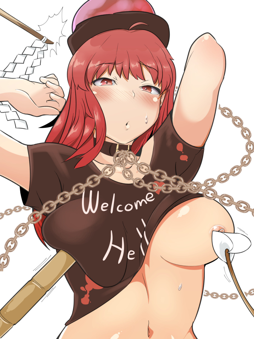 ahoge arms_up bad_id bad_pixiv_id blush bottomless breasts chains choker clothes_writing commentary_request detached_sleeves female gohei hecatia_lapislazuli hekiga_(freelot) highres large_breasts navel nipples one_breast_out poking pout red_eyes red_hair shirt solo staff sweatdrop touhou upper_body