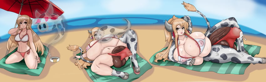 1futa 1girls balls beach big_breasts bikini bikini_bottom bikini_top blonde_hair breast_expansion breasts clothed cow_girl cow_transformation cum cum_drip dark_penis darkened_genitalia detailed_background erection female female_to_futa futanari futanari_transformation gigantic_breasts gigantic_penis gigantic_testicles huge_breasts huge_cock human light-skinned_futanari light_skin long_hair monster_girl mostly_nude penis penis_growth possession precum sequence solo sword_art_online thick_thighs transformation wide_hips yuuki_asuna zerotaichi