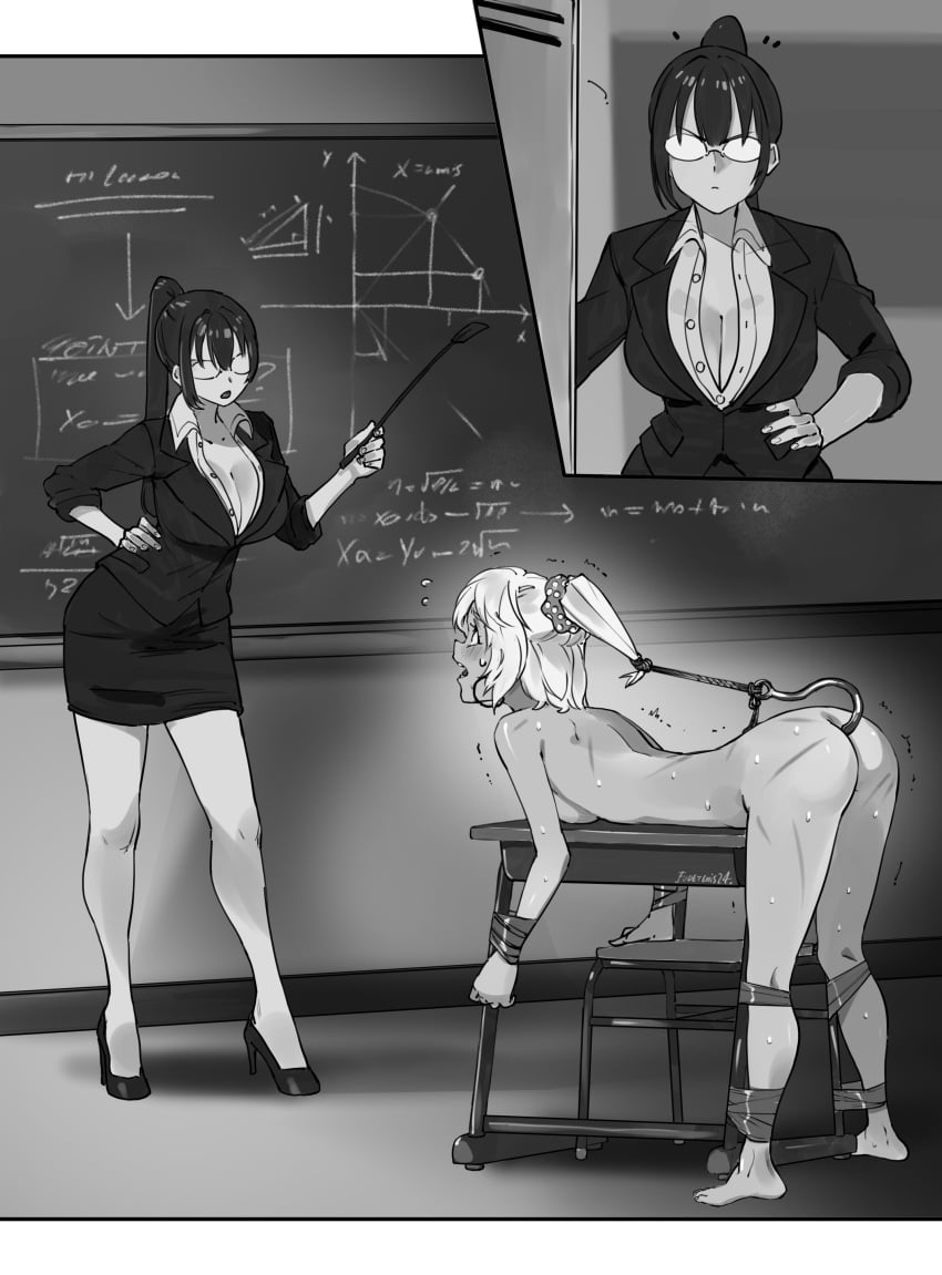 anal_hook angry barefoot blonde_hair bondage breasts chalkboard classroom cleavage clothed_female_nude_female desk_bondage earrings eudetenis female femdom femsub glasses gyaru high_heels hoop_earrings math momoka_(pretzelfan) multiple_girls nude ponytail pretzelfan riding_crop sumire_(pretzelfan) tape tape_bondage taped_to_desk teacher teacher_and_student trembling whip_marks